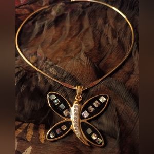Stainless Steel 316L Pendant Butterfly with Abalone & Rhinestones Choker
